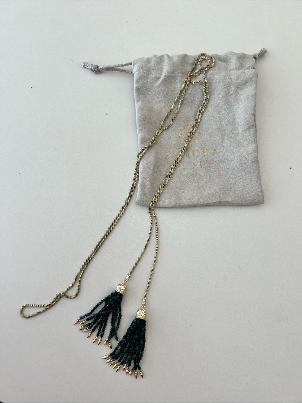 Kendra Scott Dark Green Beaded Tassel Lariat Necklace with Gold Chain